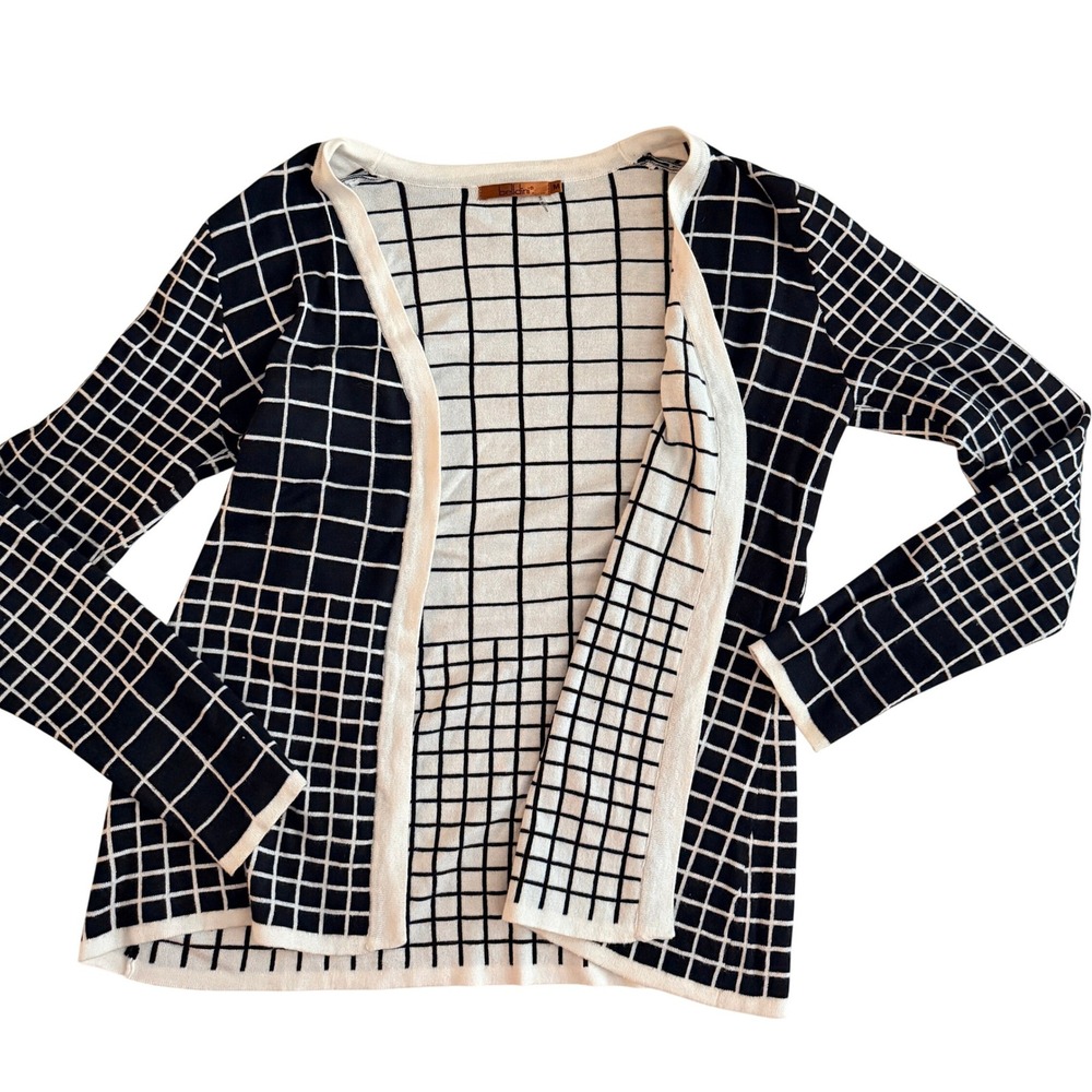 Belldini Cardigan Open Front Knit Sweater Women M Black Grid Print Mod Aesthetic